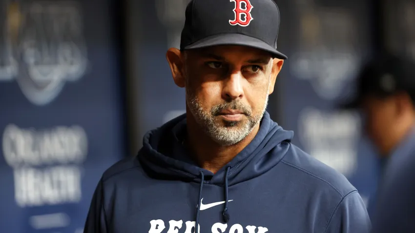 Sep 17, 2024; St. Petersburg, Florida, USA; Boston Red Sox manager Alex Cora (13) looks on against the Tampa Bay Rays during the fifth inning at Tropicana Field. Mandatory Credit: Kim Klement Neitzel-Imagn Images