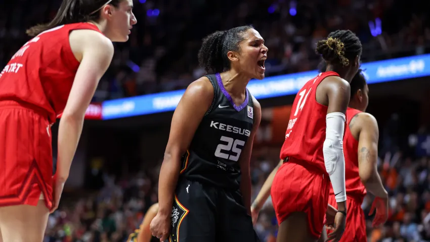 Sep 25, 2024; Uncasville, Connecticut, USA; Connecticut Sun forward Alyssa Thomas (25) reacts during the second half against the Indiana Fever during game two of the first round of the 2024 WNBA Playoffs at Mohegan Sun Arena. Mandatory Credit: Paul Rutherford-Imagn Images