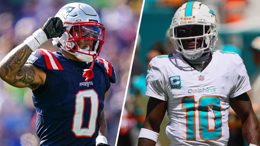 Patriots cornerback Christian Gonzalez and Dolphins wide receiver Tyreek Hill