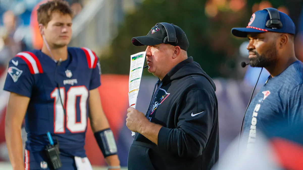 Patriots quarterback Drake Maye, offensive coordinator Alex Van Pelt and head coach Jerod Mayo