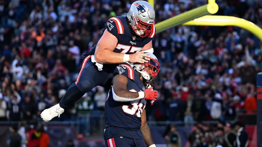 Patriots running back Rhamondre Stevenson and center Ben Brown