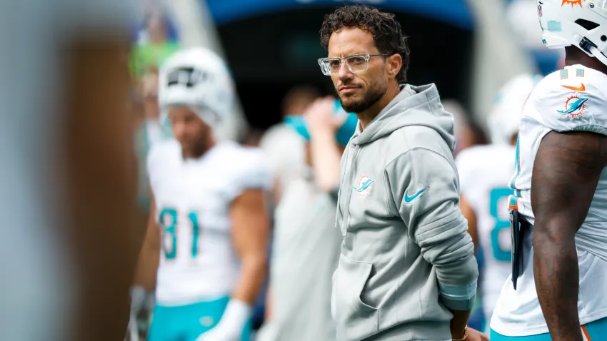 Sep 22, 2024; Seattle, Washington, USA; Miami Dolphins head coach Mike McDaniel watches pregame warmups against the Seattle Seahawks at Lumen Field. Mandatory Credit: Joe Nicholson-Imagn Images