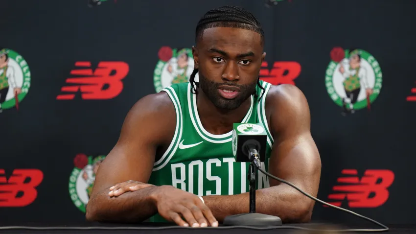 Sep 24, 2024; Boston, MA, USA; Boston Celtics guard Jaylen Brown (7) talks to reporters during media day at Auerbach Center. Mandatory Credit: David Butler II-Imagn Images