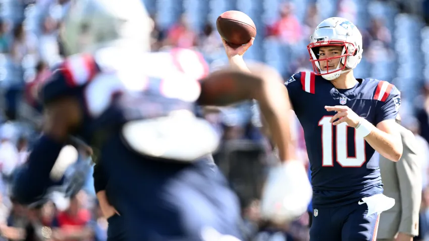 Oct 6, 2024; Foxborough, Massachusetts, USA;  New England Patriots quarterback Drake Maye (10) throw the ball before a game against the Miami Dolphins at Gillette Stadium. Mandatory Credit: Brian Fluharty-Imagn Images