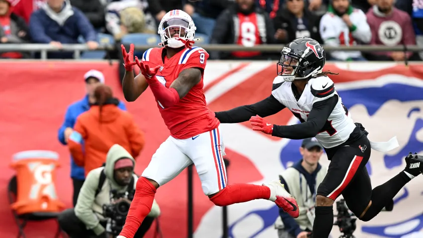 Oct 13, 2024; Foxborough, Massachusetts, USA; New England Patriots wide receiver Kayshon Boutte (9) makes a catch for a touchdown in front of Houston Texans cornerback Derek Stingley Jr. (24) during the first half at Gillette Stadium. Mandatory Credit: Brian Fluharty-Imagn Images