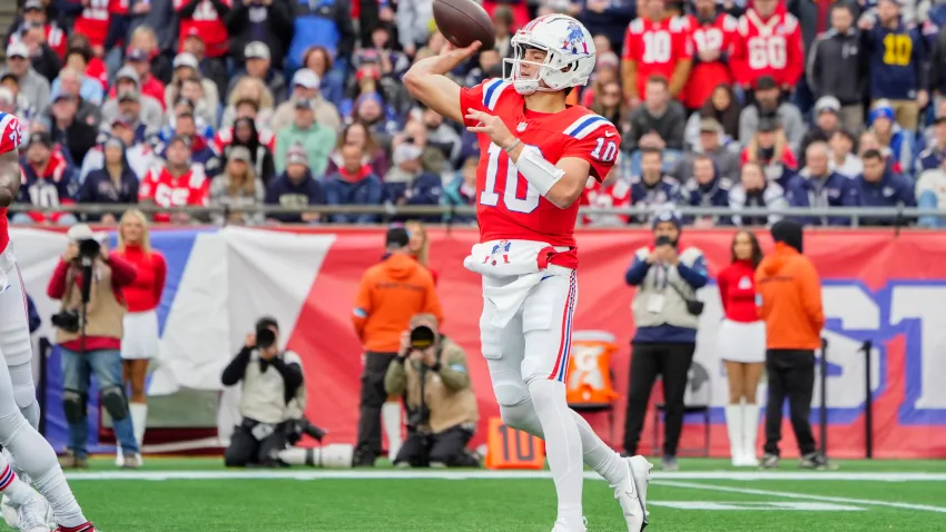 Oct 13, 2024; Foxborough, Massachusetts, USA; New England Patriots quarterback Drake Maye (10) throws the ball against the Houston Texans during the first half at Gillette Stadium. Mandatory Credit: Gregory Fisher-Imagn Images