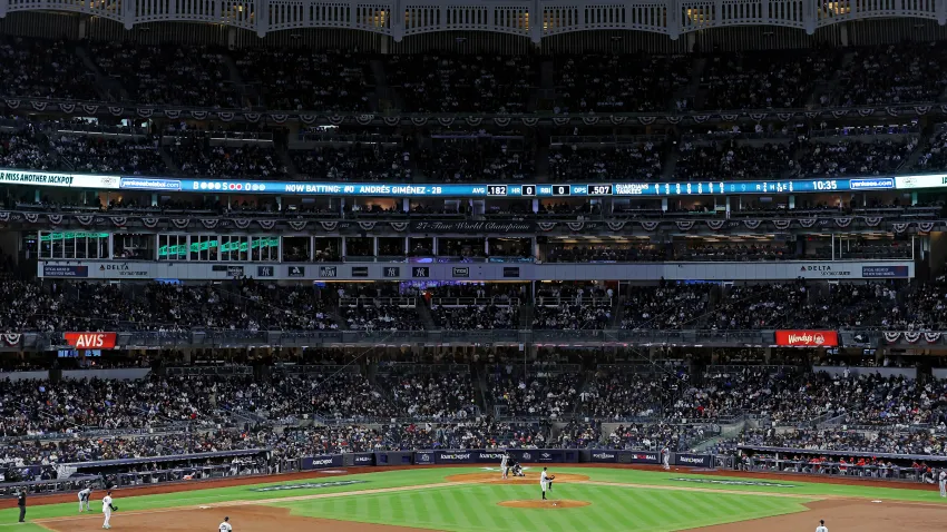 Oct 15, 2024; Bronx, New York, USA; A general as New York Yankees pitcher Tommy Kahnle (41) pitches during the eighth inning against the Cleveland Guardians in game two of the ALCS for the 2024 MLB Playoffs at Yankee Stadium. Mandatory Credit: Brad Penner-Imagn Images