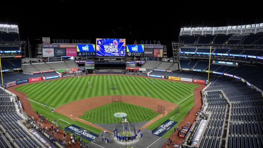 Oct 27, 2024; New York, NY, USA; General stadium view during Los Angeles Dodgers team workouts prior to game three of the World Series against the New York Yankees at Yankees Stadium. Mandatory Credit: John Jones-Imagn Images