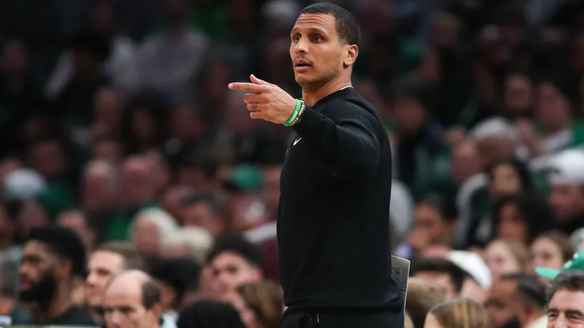 Oct 28, 2024; Boston, Massachusetts, USA; Boston Celtics head coach Joe Mazzulla reacts during the first half against the Milwaukee Bucks at TD Garden. Mandatory Credit: Paul Rutherford-Imagn Images