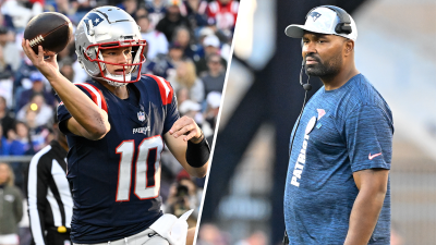 Patriots quarterback Drake Maye and head coach Jerod Mayo