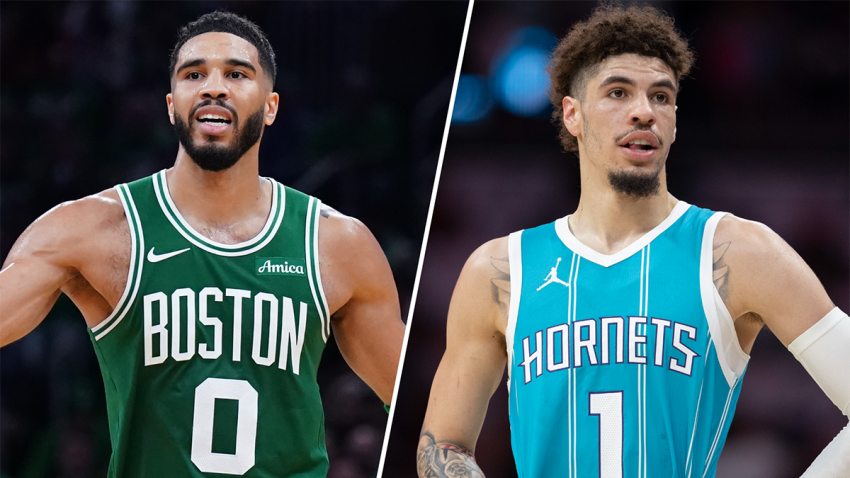 Celtics forward Jayson Tatum and Hornets guard LaMelo Ball