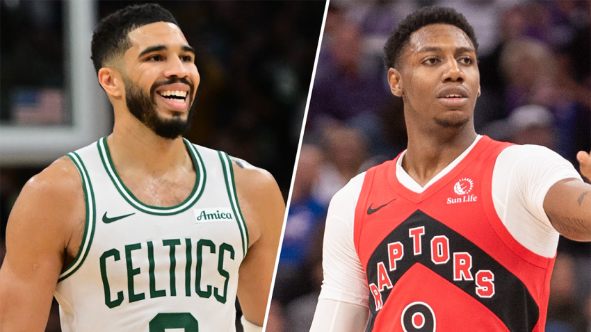 Celtics forward Jayson Tatum and Raptors forward RJ Barrett