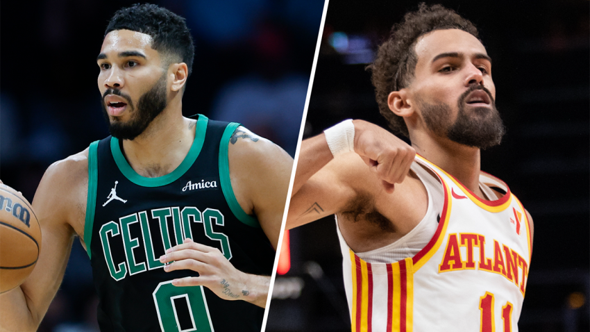 Celtics forward Jayson Tatum and Hawks guard Trae Young