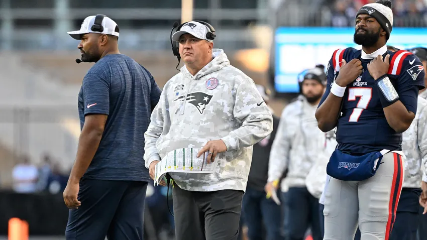 Patriots head coach Jerod Mayo and offensive coordinator Alex Van Pelt