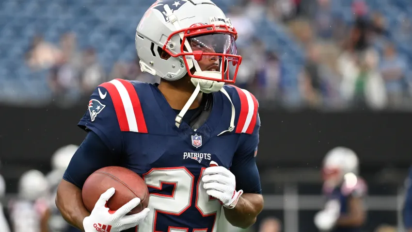 Aug 10, 2023; Foxborough, Massachusetts, USA; New England Patriots cornerback Marcus Jones (25) warms up before a game against the Houston Texans at Gillette Stadium. Mandatory Credit: Eric Canha-USA TODAY Sports