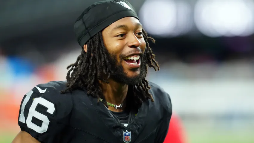 Dec 14, 2023; Paradise, Nevada, USA;  Las Vegas Raiders wide receiver Jakobi Meyers (16) smiles after the game against the Los Angeles Chargers at Allegiant Stadium. Mandatory Credit: Stephen R. Sylvanie-USA TODAY Sports