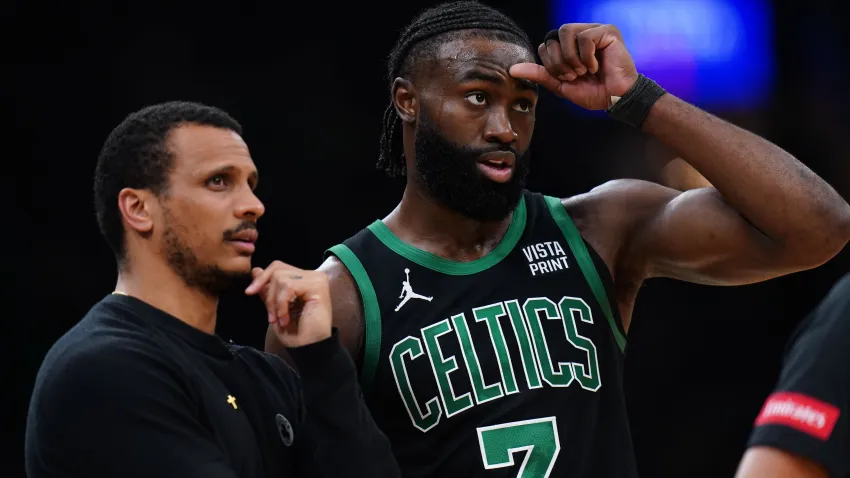 May 23, 2024; Boston, Massachusetts, USA; Boston Celtics head coach Joe Mazzulla talks with guard Jaylen Brown (7) from the sideline as they take on the Indiana Pacers during game two of the eastern conference finals for the 2024 NBA playoffs at TD Garden. Mandatory Credit: David Butler II-USA TODAY Sports