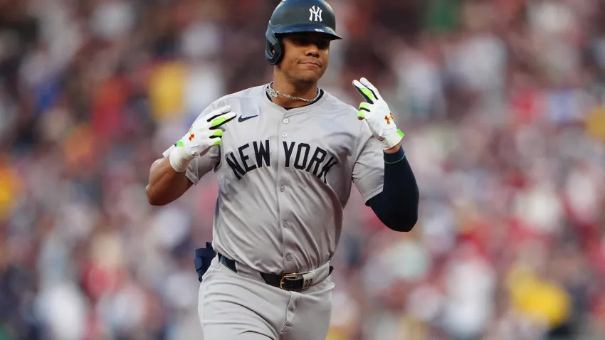 Jul 27, 2024; Boston, Massachusetts, USA; New York Yankees left fielder Juan Soto (22) reacts to hitting a two-run home run against the Boston Red Sox during the first inning at Fenway Park. Mandatory Credit: Gregory Fisher-USA TODAY Sports