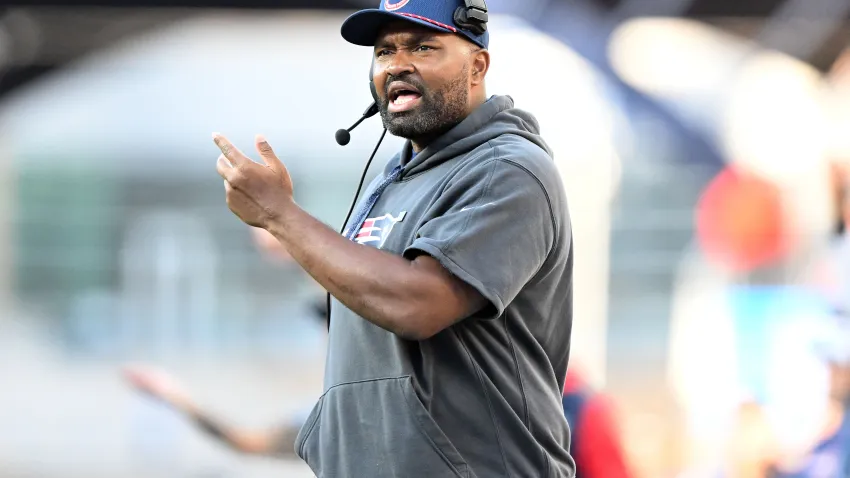 Oct 27, 2024; Foxborough, Massachusetts, USA; New England Patriots head coach Jerod Mayo calls a play against the New York Jets during the second half at Gillette Stadium. Mandatory Credit: Brian Fluharty-Imagn Images