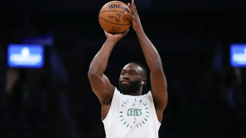 Oct 28, 2024; Boston, Massachusetts, USA; Boston Celtics forward Jaylen Brown (7) warms up before playing against the Milwaukee Bucks at TD Garden. Mandatory Credit: Paul Rutherford-Imagn Images