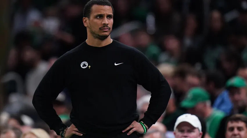 Nov 12, 2024; Boston, Massachusetts, USA; Boston Celtics head coach Joe Mazzulla watches from the sideline as they take on the Atlanta Hawks at TD Garden. Mandatory Credit: David Butler II-Imagn Images