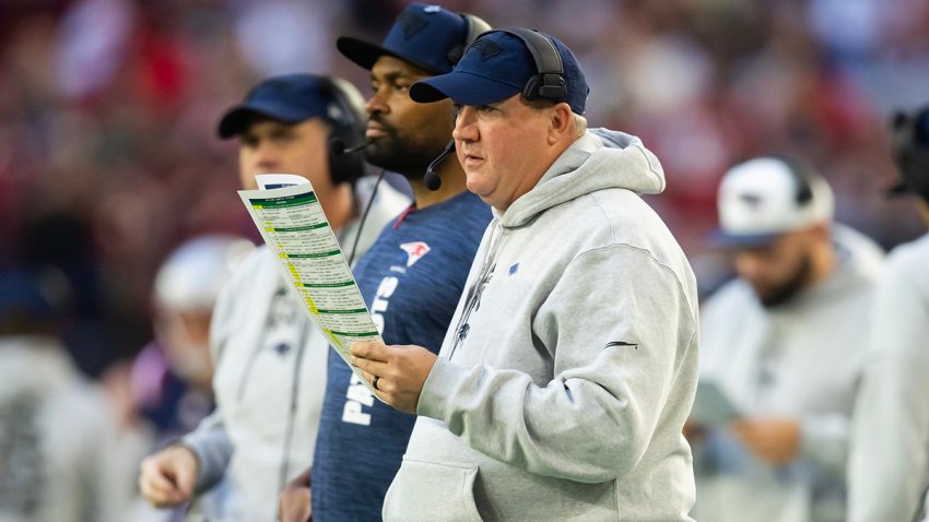 Patriots offensive coordinator Alex Van Pelt and head coach Jerod Mayo