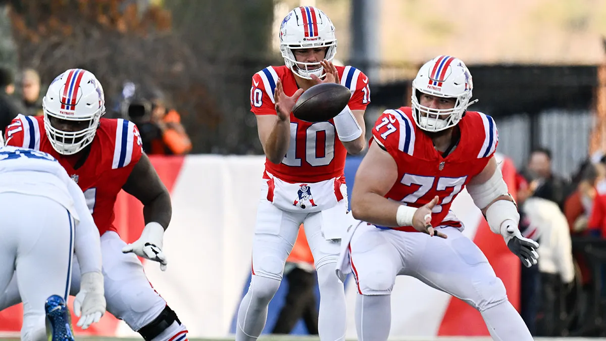 Patriots center Ben Brown and quarterback Drake Maye