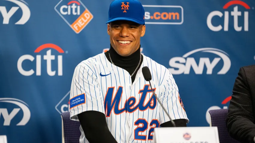 NEW YORK, NY – DECEMBER 12: Juan Soto #22 of the New York Mets speaks to the media during the Juan Soto introductory press conference  at Citi Field on Thursday, December 12, 2024 in New York, New York.