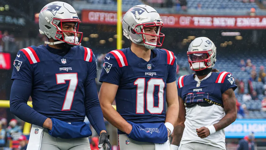 Patriots quarterbacks Jacoby Brissett, Drake Maye and Joe Milton