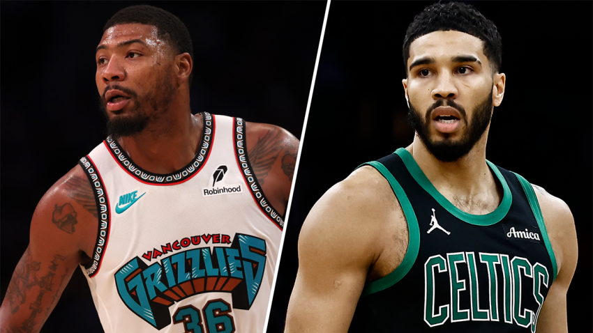 Grizzlies guard Marcus Smart and Celtics forward Jayson Tatum