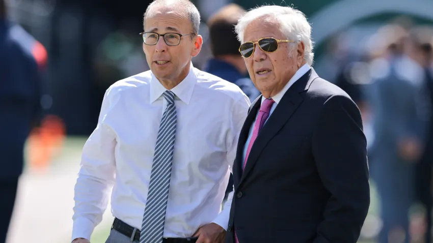 Sep 19, 2021; East Rutherford, New Jersey, USA; Chairman and CEO Robert Kraft, right, looks on with president Jonathan Kraft before the game against the New York Jets at MetLife Stadium. Mandatory Credit: Vincent Carchietta-USA TODAY Sports