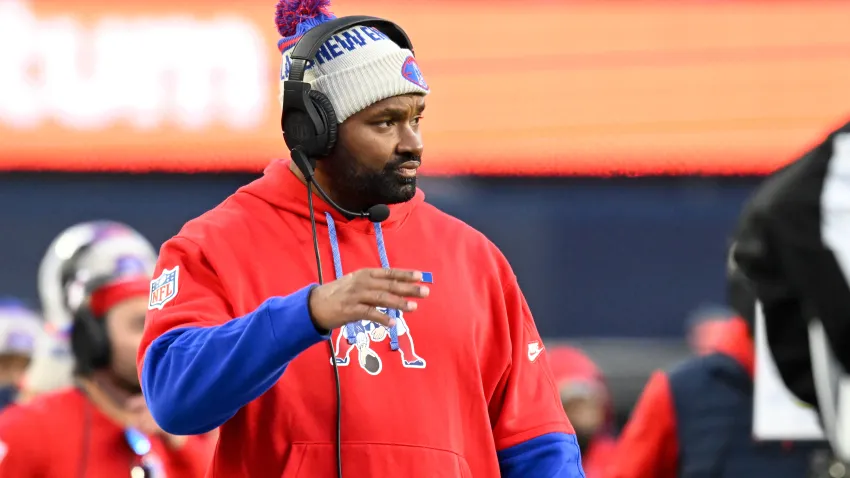 Dec 1, 2024; Foxborough, Massachusetts, USA; New England Patriots head coach Jerod Mayo looks on from the sideline during the second half against the Indianapolis Colts at Gillette Stadium. Mandatory Credit: Eric Canha-Imagn Images