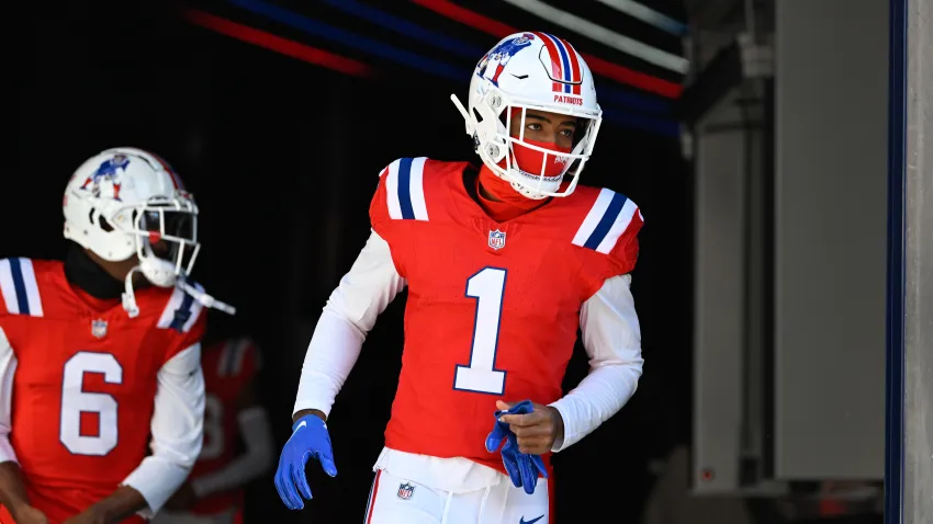 Dec 1, 2024; Foxborough, Massachusetts, USA; New England Patriots wide receiver Ja’Lynn Polk (1) walks out of the player’s tunnel before a game against the Indianapolis Colts at Gillette Stadium. Mandatory Credit: Eric Canha-Imagn Images