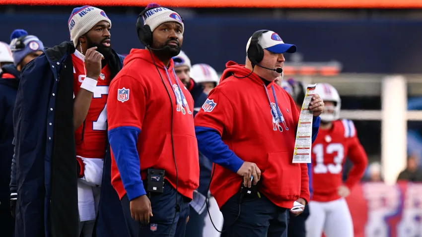 Dec 1, 2024; Foxborough, Massachusetts, USA; New England Patriots quarterback Jacoby Brissett (7), head coach Jerod Mayo, and offensive coordinator Alex Van Pelt (L to R) watch from the sideline during the second half against the Indianapolis Colts at Gillette Stadium. Mandatory Credit: Eric Canha-Imagn Images