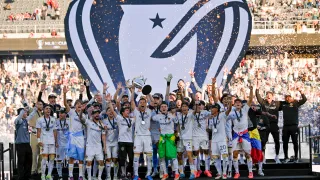 Dec 7, 2024; Carson, California, USA; LA Galaxy players celebrates after defeating the New York Red Bulls to win the 2024 MLS Cup at Dignity Health Sports Park. Mandatory Credit: Kelvin Kuo-Imagn Images