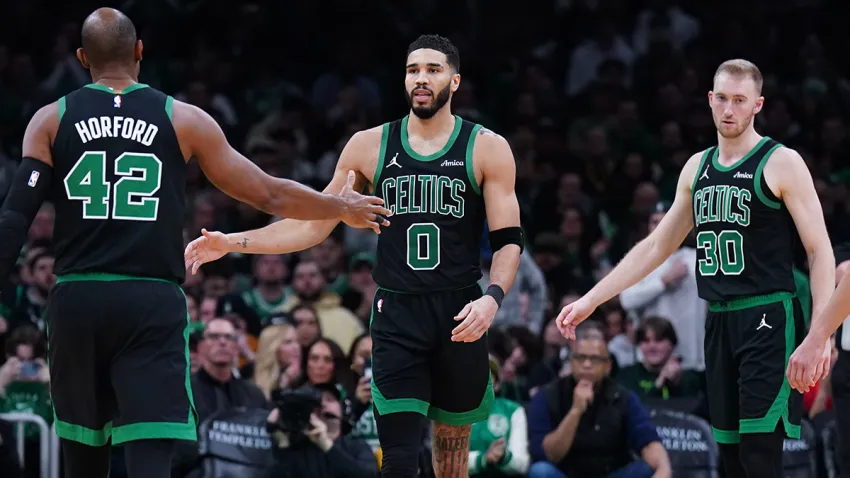 Celtics teammates Al Horford, Jayson Tatum and Sam Hauser