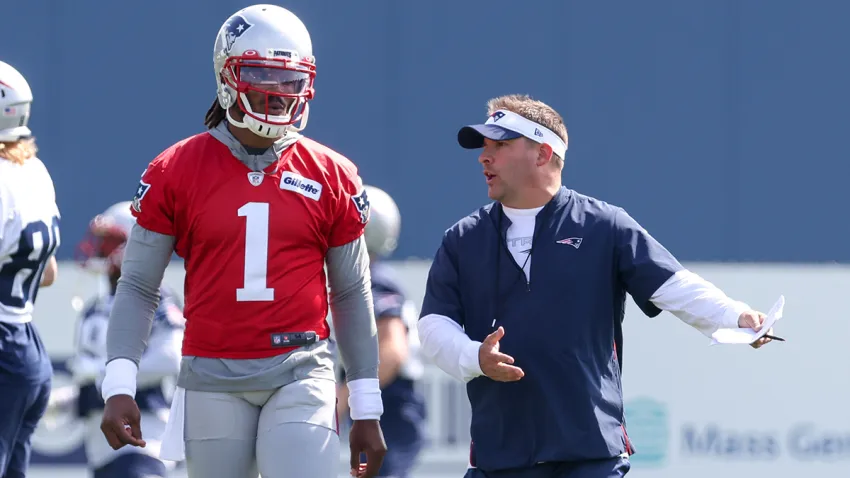 Patriots quarterback Cam Newton and offensive coordinator Josh McDaniels