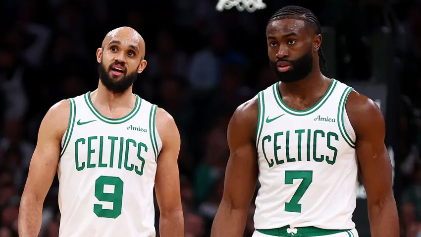 Celtics teammates Derrick White and Jaylen Brown