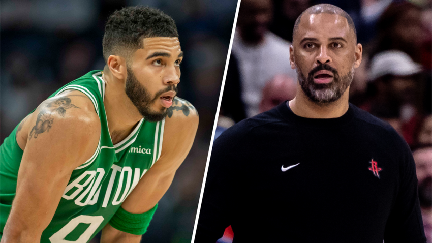 Celtics forward Jayson Tatum and Rockets head coach Ime Udoka