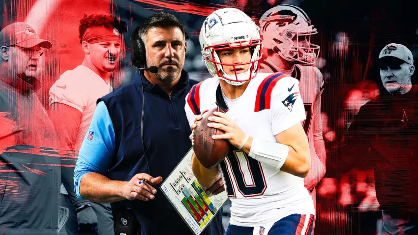 Patriots head coach Mike Vrabel and quarterback Drake Maye