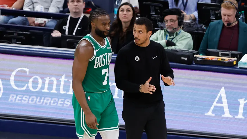 Jan 5, 2025; Oklahoma City, Oklahoma, USA; Boston Celtics head coach Joe Mazzulla talks to guard Jaylen Brown (7) on a break in play against the Oklahoma City Thunder during the third quarter at Paycom Center. Mandatory Credit: Alonzo Adams-Imagn Images