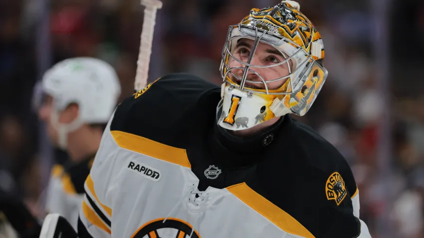 Jan 11, 2025; Sunrise, Florida, USA; Boston Bruins goaltender Jeremy Swayman (1) looks on against the Florida Panthers during the second period at Amerant Bank Arena. Mandatory Credit: Sam Navarro-Imagn Images