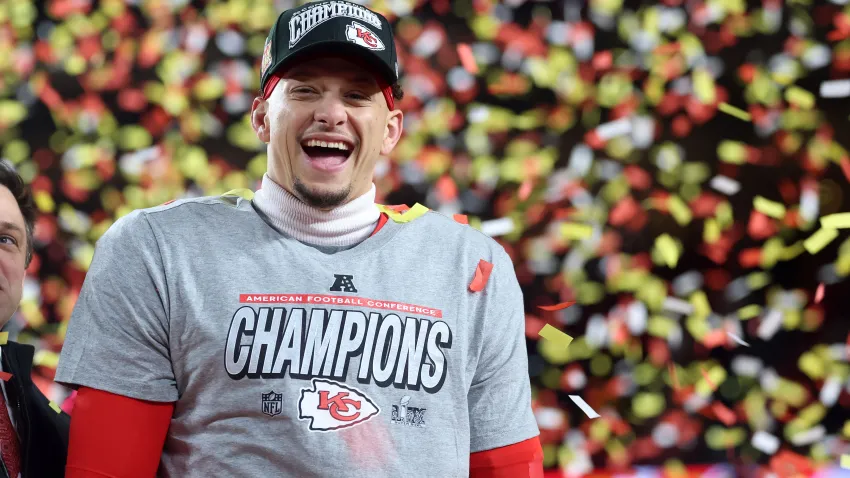 Jan 26, 2025; Kansas City, MO, USA; Kansas City Chiefs quarterback Patrick Mahomes (15) reacts on stage after the AFC Championship game against the Buffalo Bills at GEHA Field at Arrowhead Stadium. Mandatory Credit: Mark J. Rebilas-Imagn Images