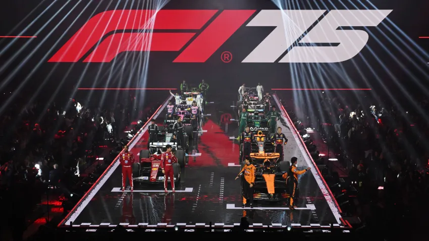 The 2025 drivers and their cars on stage during F1 75 Live