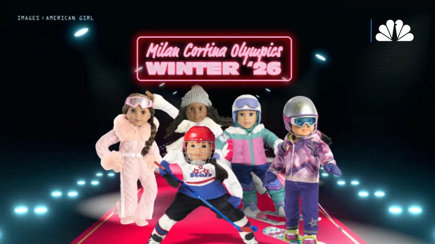 American Girl dolls dressed in various winter sports outfits pose on a fashion runway under a title that says "Milan Cortina Olympics Winter '26"