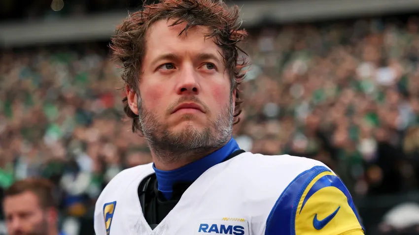 PHILADELPHIA, PENNSYLVANIA – JANUARY 19: Matthew Stafford #9 of the Los Angeles Rams stands for the national anthem prior to the NFC Divisional playoff game against the Philadelphia Eagles at Lincoln Financial Field on January 19, 2025 in Philadelphia, Pennsylvania. The Eagles defeated the Rams 28-22. (Kara Durrette/Getty Images)