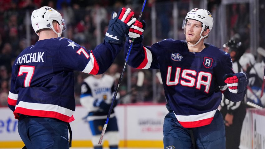 MONTREAL, QUEBEC – FEBRUARY 13: Brady Tkachuk #7 of Team United States celebrates with his brother Matthew Tkachuk #19 after scoring a goal during the third period, his second of the game, in the 4 Nations Face-Off game between the United States and Finland at Bell Centre on February 13, 2025 in Montreal, Quebec. (Photo by Andrea Cardin/4NFO/World Cup of Hockey via Getty Images)