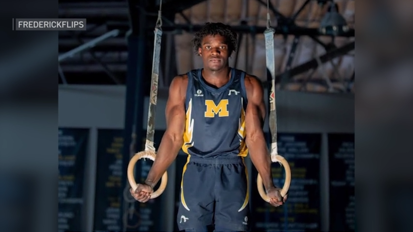 Frederick Richard wearing a uniform he designed in hopes of altering the traditional look for male gymnasts