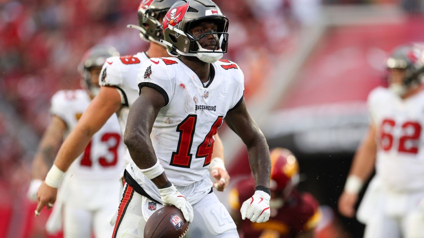 Sep 8, 2024; Tampa, Florida, USA; Tampa Bay Buccaneers wide receiver Chris Godwin (14) reacts after a play against the Washington Commanders in the fourth quarter at Raymond James Stadium. Mandatory Credit: Nathan Ray Seebeck-Imagn Images