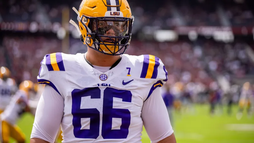 Sep 14, 2024; Columbia, South Carolina, USA; LSU Tigers offensive tackle Will Campbell (66) warms up before a game against the South Carolina Gamecocks at Williams-Brice Stadium. Mandatory Credit: Scott Kinser-Imagn Images